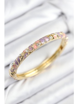 Mineli Hkursat Pirinç Zirkon Taşlı Pembe Mor Çiçek Motifli Gold Kadın Kelepçe