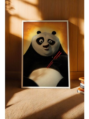 E2 Nova Kung Fu Panda Po Yemek Çubuklu Portre Çerçeveli Tablo - Lüks Çocuk Odası Sevimli Hayvan Duvar Dekoru