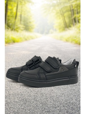 Rakerplus Siyah Hakiki Deri Cırtlı Erkek Çocuk Sneaker Ayakkabı