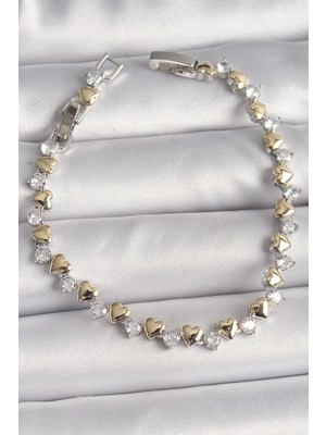 Hkursat Pirinç Gümüş Renk Zirkon Taşlı Gold Kalpli Vıp Seri Kadın Bileklik