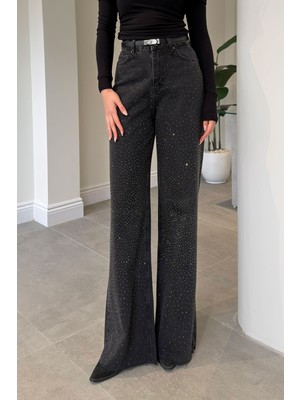 Magarde Premium Bol Paca Taşlı Jean- Siyah