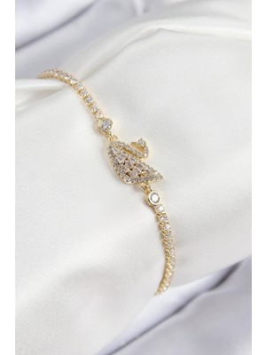 Hkursat Pirinç Zirkon Taşlı Kuğu Model Gold Renk Kadın Bileklik