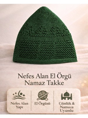 Sufi Tesbih Esans Ve Hediyelik El Örgüsü Nefes Alan Namaz Takke – Günlük ve Namaz Kullanımına Uygun Erkek Takke - Yeşil