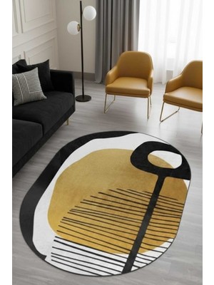 Qatalina Modern Soyut Desenli Halı | Hardal Siyah | Salon Oturma Odası Dekoratif Kaymaz Halı -Oval