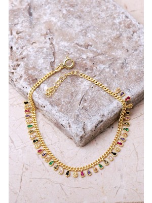 Sümer Telkari Gurmet Mix Taşlı Altın Kaplama Damla 925 Ayar Gümüş Bileklik 4858