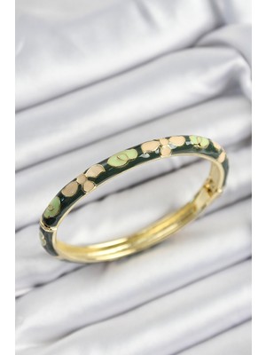 Mineli Hkursat Pirinç Krem ve Yeşil Çiçek Motifli Gold Renk Kadın Kelepçe