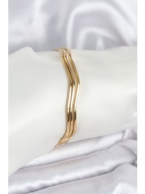 Hkursat 316L Çelik Gold Renk 65 mm Ajda Zikzak Model 3lü Kadın Bileklik