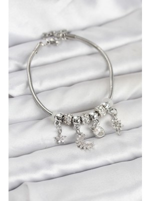 Hkursat Pirinç Gümüş Renk Ay Charm Model Charmlı Kadın Bileklik