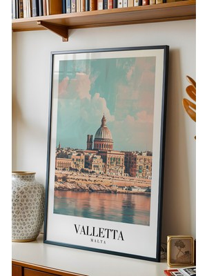 E2 Nova Valletta Malta Vintage Seyahat Posteri Çerçeveli Tablo - Premium Akdeniz Silüeti Elit Duvar Dekoru