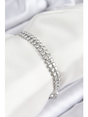 Hkursat Pirinç Zirkon Taşlı Çift Sıra Model Gümüş Renk Asansörlü Kadın Bileklik