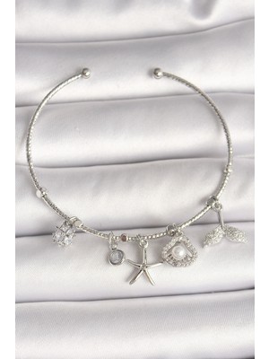 Hkursat Pirinç Gümüş Renk Sallantı Zirkon Taşlı Deniz Yıldız Figür Balık Kuyruğu Detay Charm Kadın Bileklik