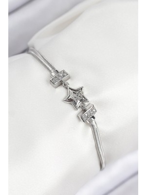 Hkursat Pirinç Zirkon Taşlı Yıldız Model Gümüş Renk Kadın Bileklik