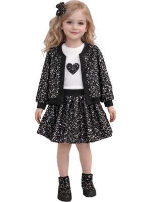 İrem Çocuk Giyim Kız Çocuk Gümüş Pul Detaylı Şort Etekli Düğme Kapamalı Hırka Kalp Desen Siyah Renk Üçlü Takım