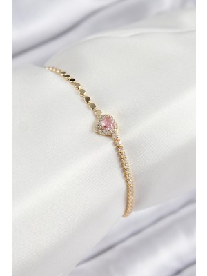 Hkursat Pirinç Zirkon Taşlı Kalp Model Ezme Zincir Gold Renk Kadın Bileklik