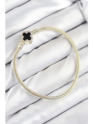 Hkursat Pirinç Charm Zirkon Taşlı Yonca Model Gold Renk Kadın Bileklik