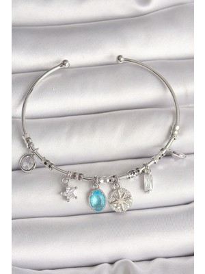 Hkursat Pirinç Gümüş Renk Sallantı Pusula Figür Kalp Detay Charm Kadın Bileklik