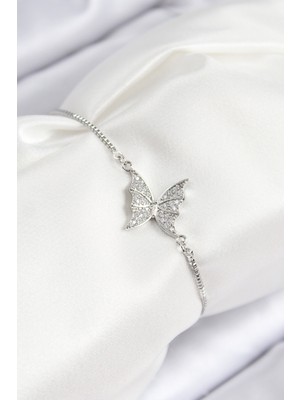 Hkursat Pirinç Zirkon Taşlı Kelebek Model Gümüş Renk Asansörlü Kadın Bileklik