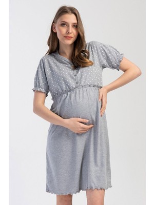 Vienetta Kadın Kısa Kol Düğmeli Gri Hamile Lohusa Gecelik C7T7N2304