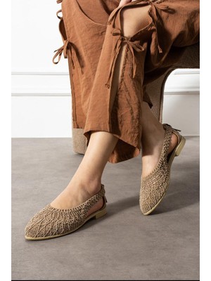 Solario Kadın Dantel Detaylı Arkası Açık Rahat Örgü Nakışlı Hasır Babet