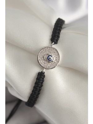 Hkursat Pirinç Gümüş Renk Zirkon Taşlı Nazar Boncuk Işleme Makrome Asansörlü Model Kadın Bileklik