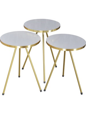 Zigon Sehpa 3'lü Altın Metal Ayak Beyaz Altın  1061