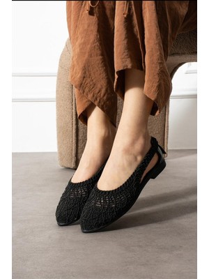 Solario Kadın Dantel Detaylı Arkası Açık Rahat Örgü Nakışlı Hasır Babet