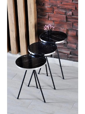 Zigon Sehpa 3'lü Siyah Metal Ayak Gümüş Siyah Bendir 1070