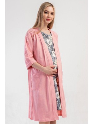 Vienetta Kadın Hamile Lohusa Gecelik Sabahlık Takımı Pamuklu Kısa Kol Pembe 2’li Set C2T0N1014