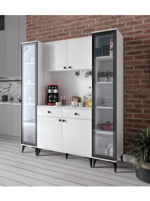 Afilli Demre Camlı 6 Kapaklı 2 Çekmeceli Kahve Köşeşi Beyaz Tamamı Mdf 180 cm