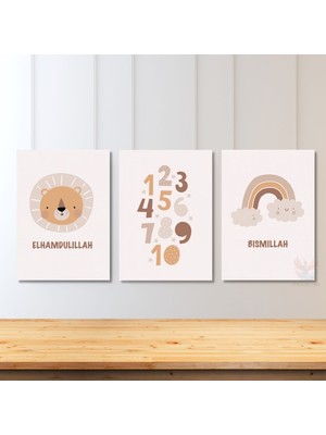 Artarilion Dikey 3'lü Kanvas Tablo Seti Bismillah Elhamdulillah Sayılar Çocuk Odası Tablosu Manevi Islami Tablo