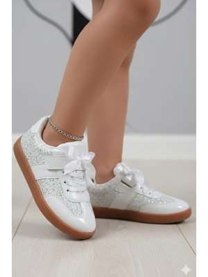 Mocno Kız Çocuk Beyaz Simli Cırtlı Günlük Rahat Taban Sneaker Spor Ayakkabı