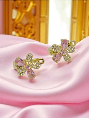 Lunel Silver 925 Ayar Gümüş Pembe ve Beyaz Taşlı Çiçek Küpe – Zarif ve Romantik Tasarım