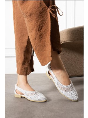 Solario Kadın Dantel Detaylı Arkası Açık Rahat Örgü Nakışlı Hasır Babet