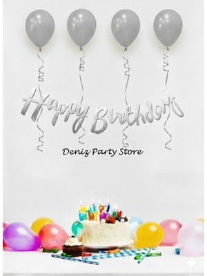 Deniz Party Store 4 Adet Metalik Gümüş Balon Happy Bırthday Kaligrafi Yazı Set