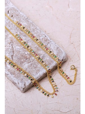 Sümer Telkari Gurmet Mix Taşlı Damla Altın Kaplama 925 Ayar Gümüş Kolye Bileklik Ikili Set 2860