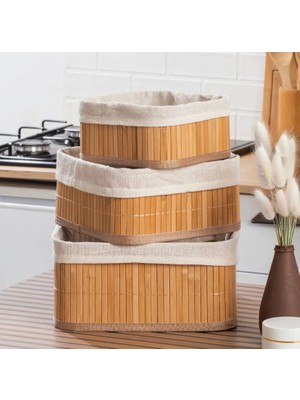 Floria 3’lü Kare Bambu Saklama Sepeti Seti – Kumaş Astarlı Organizer (25×25 / 20×20 / 16×16 Cm)