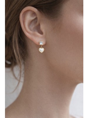 Yağmur Kadın Kalp Zirkon Taşlı  Çelik Kararmaz Paslanmaz Küpe Gold Sedef Beyaz Renk  Sevgili Özel Gün Hediye