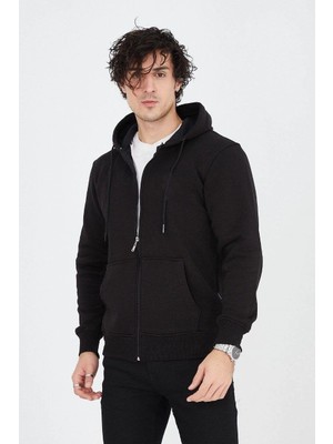 Glam Love Kapüşonlu Düz Fermuarlı Hırka - Siyah -