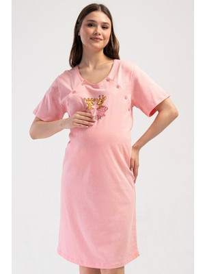 Vienetta Kadın Hamile Lohusa Emzirme Kolaylıklı %100 Pamuk Kısa Kol Pembe Gecelik C6T3N1014