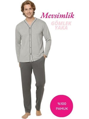 Bie's Erkek V Yaka Önden Düğmeli %100 Pamuk Penye Mevsimlik Uzun Kol Cepli Pijama Takımı