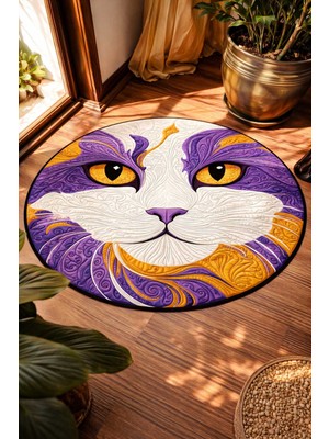 Qatalina Mor Beyaz Kedi Desenli Yuvarlak Halı | Kaymaz Taban | Antre, Salon, Çocuk Odası Dekoratif Halı
