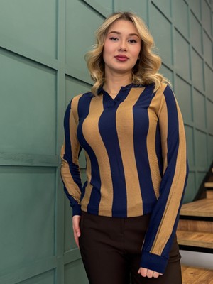 Kadın Stamina Polo Yaka Çizgili Kazak