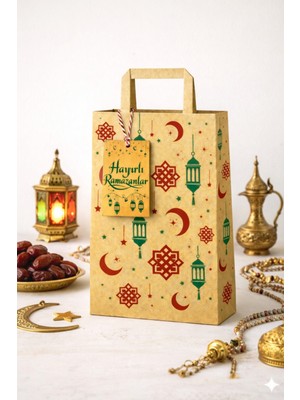 Dekals Set Ramazan Temalı Kraft Hediye Paketi 27X32 (Flat Çanta+Ip+ Hayırlı Ramazanlar Yazılı Kart)