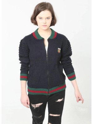 Glam Love Tam Fermuarlı Triko Hırka - Lacivert -