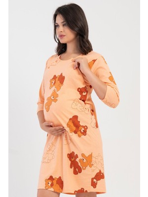 Vienetta Kadın Hamile Lohusa Emzirme Kolaylıklı %100 Pamuk Kısa Kol Turuncu Gecelik C7T1N0405