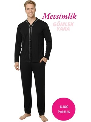 Bie's Erkek Siyah V Yaka Önden Düğmeli %100 Pamuk Penye Mevsimlik Uzun Kol Cepli Pijama Takımı