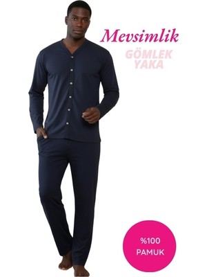 Bie's Erkek V Yaka Önden Düğmeli %100 Pamuk Penye Mevsimlik Uzun Kol Cepli Pijama Takımı