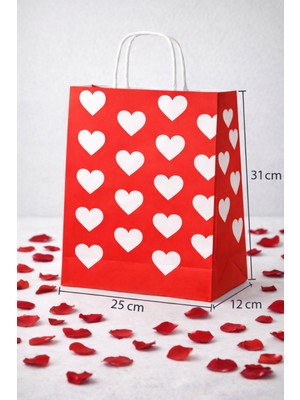 Palifix 5 Adet Çok Kalpli Kırmızı Kraft Hediye Poşeti Sevgililer Günü Hediye Poşeti