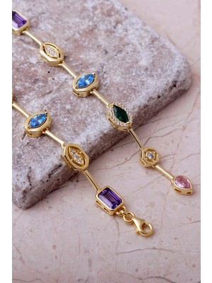 Sümer Telkari Geometrik Renkli Taşlı 925 Ayar Gümüş Kolye Bileklik Ikili Set 2859