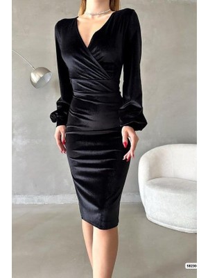 Serac Collection Kadın Kadife Kumaş Kruvaze Yaka Balon Kol ve Yırtmaç Detaylı Midi Boy Elbise